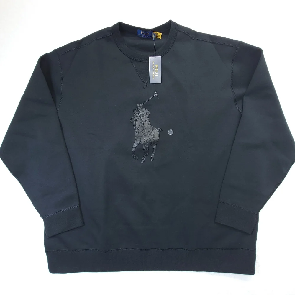 NWT POLO RALPH LAUREN Men's 3XB Leather Big Pony Logo Fleece Crew Neck Sweater